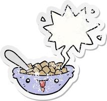 cute cartoon bowl of cereal and speech bubble distressed sticker vector