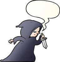 cartoon assassin in dark robe and speech bubble in smooth gradient style vector