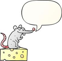 cartoon mouse sitting on cheese and speech bubble in smooth gradient style vector
