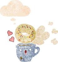 cute cartoon donut and coffee and thought bubble in retro textured style vector
