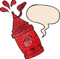 botella de ketchup de dibujos animados y burbuja de habla en estilo de textura retro