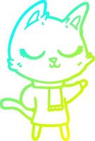 dibujo de línea de gradiente frío gato de dibujos animados tranquilo con bufanda vector