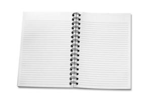 open spiral notebook isolated on white background photo