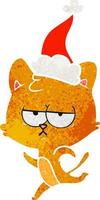 bored retro cartoon of a cat wearing santa hat vector