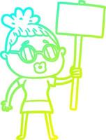 cold gradient line drawing cartoon protester woman wearing spectacles vector