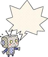 cute cartoon surprised robot and speech bubble in comic book style vector