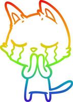 rainbow gradient line drawing crying cartoon cat vector