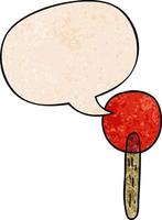 piruleta de caramelo de dibujos animados y burbuja de habla en estilo de textura retro vector