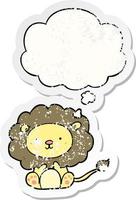 cartoon lion and thought bubble as a distressed worn sticker vector