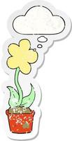 cute cartoon flower and thought bubble as a distressed worn sticker vector