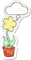 cute cartoon flower and thought bubble as a distressed worn sticker vector