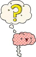 cartoon curious brain and thought bubble in comic book style vector