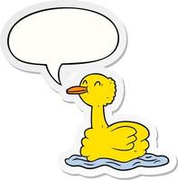 cartoon swimming duck and speech bubble sticker vector