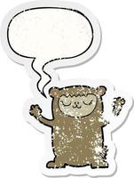 cute cartoon bear and speech bubble distressed sticker vector