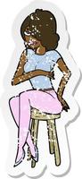 retro distressed sticker of a cartoon woman sitting on bar stool vector