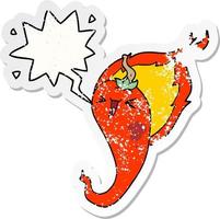 cartoon flaming hot chili pepper and speech bubble distressed sticker vector