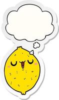 cartoon happy lemon and thought bubble as a printed sticker vector