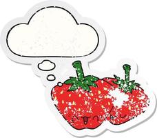 cartoon strawberries and thought bubble as a distressed worn sticker vector