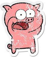 distressed sticker of a cartoon pig shouting vector