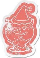 happy cartoon distressed sticker of a pig wearing santa hat vector