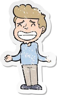 distressed sticker of a cartoon boy shrugging