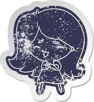 distressed old sticker of a cute kawaii girl vector