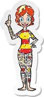 retro distressed sticker of a cartoon woman covered in tattoos vector