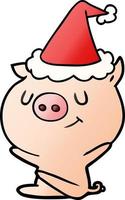 happy gradient cartoon of a pig wearing santa hat vector