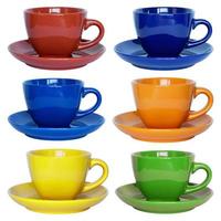 set of color cups and saucer isolated on white with clipping path photo