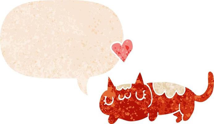 cartoon cat and speech bubble in retro textured style