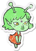 distressed sticker of a pretty cartoon alien girl vector