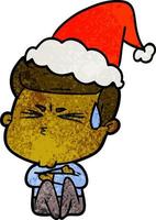 textured cartoon of a man sweating wearing santa hat vector
