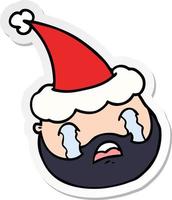 sticker cartoon of a male face with beard wearing santa hat vector