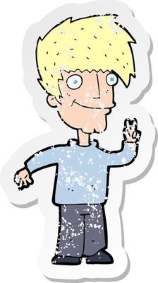 retro distressed sticker of a cartoon man giving peace sign