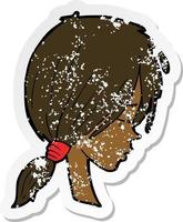 retro distressed sticker of a cartoon girl looking thoughtful vector