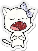 distressed sticker of a cartoon cat meowing vector