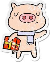 pegatina angustiada de un cerdo navideño de dibujos animados vector