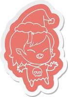 cartoon  sticker of a laughing vampire girl wearing santa hat vector