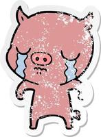 distressed sticker of a cartoon pig crying vector