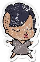 distressed sticker of a cartoon pretty hipster girl vector