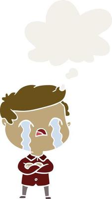 cartoon man crying and thought bubble in retro style