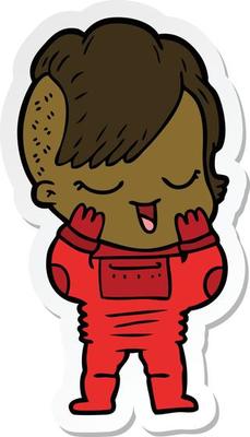 sticker of a happy cartoon girl in space suit