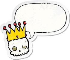 cartoon skull and crown and speech bubble distressed sticker vector