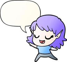 carton happy elf girl dancing and speech bubble in smooth gradient style vector