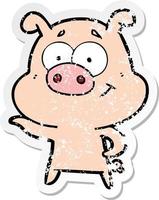 distressed sticker of a cartoon pig pointing vector