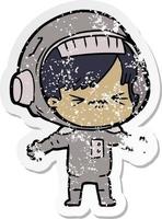 distressed sticker of a cartoon astronaut woman vector