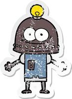 distressed sticker of a happy carton robot with light bulb vector