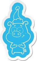 happy cartoon  sticker of a pig wearing santa hat vector