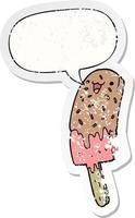 cute cartoon happy ice lolly and speech bubble distressed sticker vector
