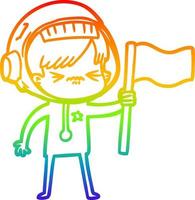 rainbow gradient line drawing angry cartoon space girl waving flag vector